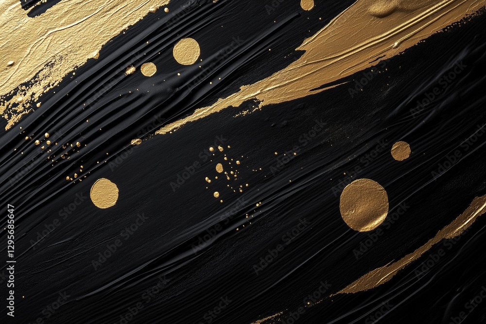 Aufkleber dynamic abstract black and gold background with paint strokes and dots, creating a luxurious texture