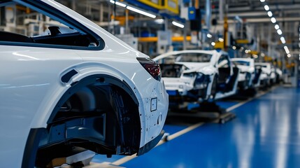 Obraz premium Car Manufacturing Process with White Vehicles in a Factory Production Line : Generative AI
