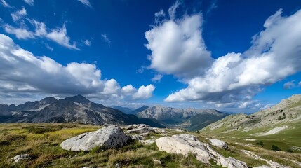 Fototapeta premium Breathtaking Mountain Landscape Under Dramatic Clouds and Blue Sky : Generative AI