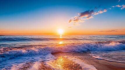 Obraz premium Stunning sunset view over a tranquil ocean with gentle waves and vibrant colors reflecting on the water : Generative AI