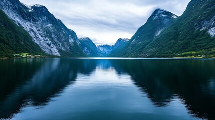 Majestic Norwegian Fjord Reflecting Mountains Beneath a Cloudy Sky : Generative AI
