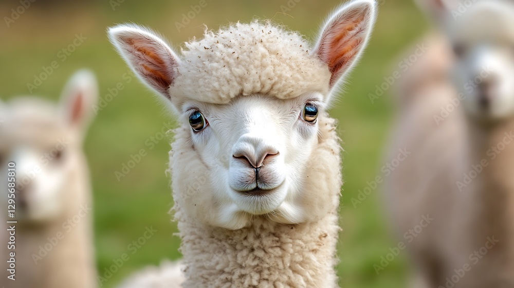 Poster close up portrait of an adorable alpaca with big bright eyes and soft fur : generative ai