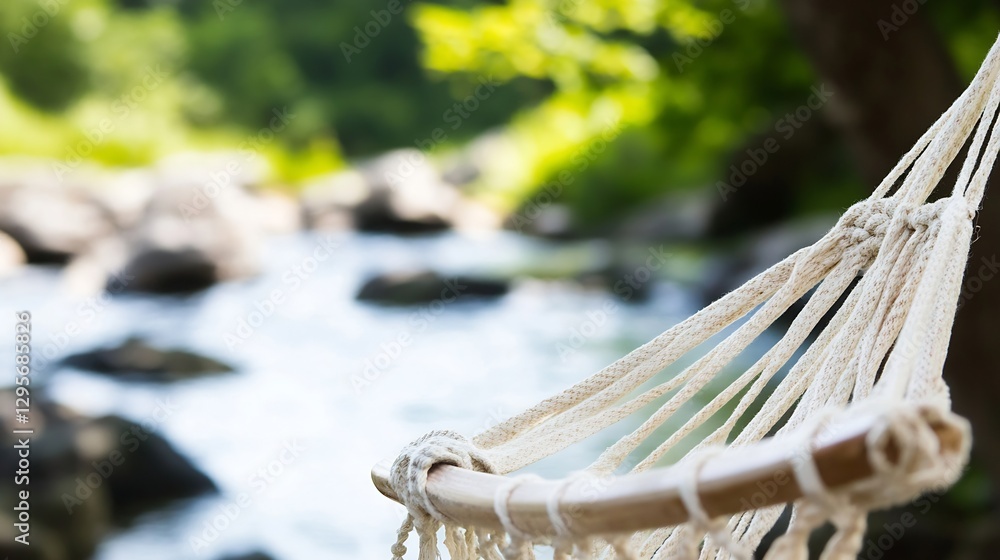 Poster relaxing hammock by the calm river surrounded by lush greenery for tranquil outdoor serenity : gener