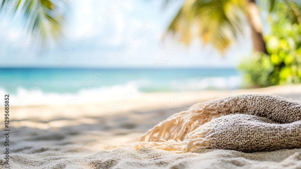 Poster serene beach scene with soft towel and calm ocean waters : generative ai