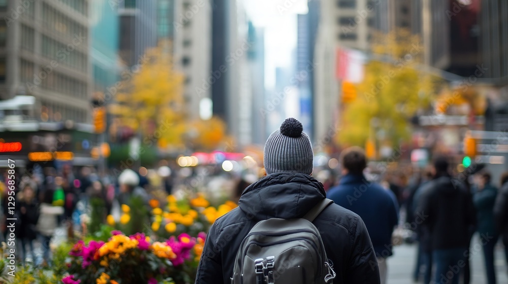 Poster dynamic urban scene of a person standing amidst a busy city street with colorful flowers and crowds 