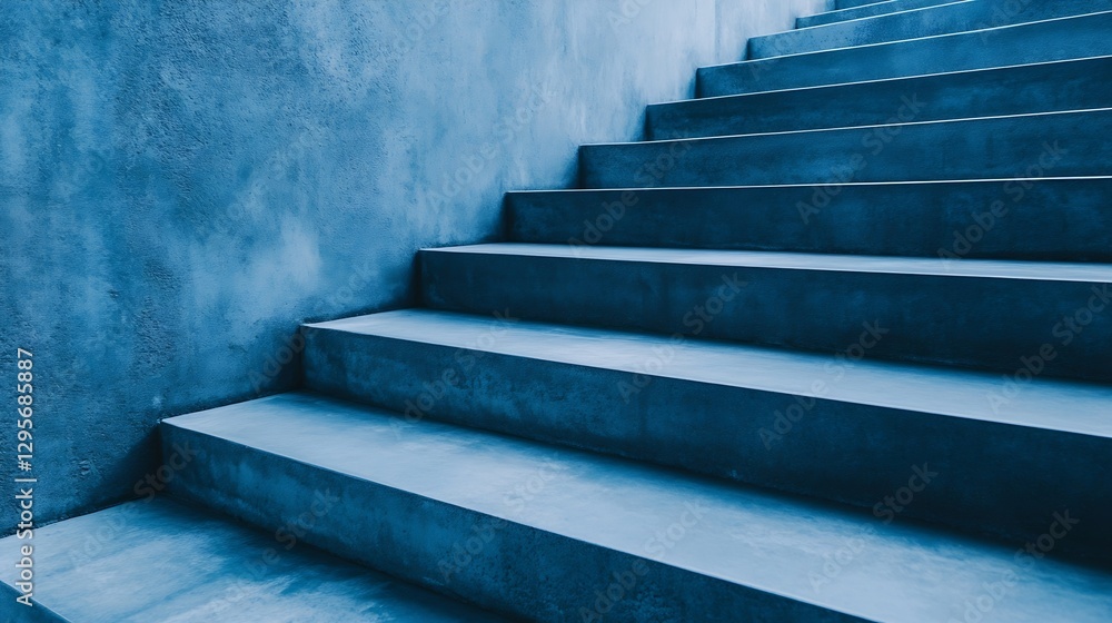 Poster modern architectural design featuring a minimalist staircase in cool blue tones and smooth surfaces 
