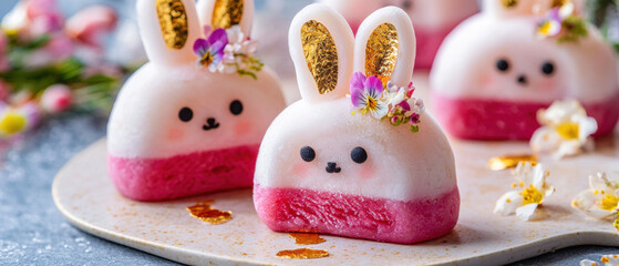 Easter bunny ice cream. Cute bunny-shaped desserts with floral decorations on a light background.