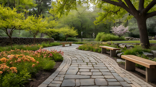 park in the park, A park with wooden benches along a winding stone pathway, surrounded by flowers and tall oak trees