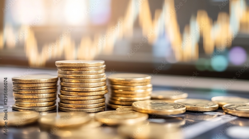 Aufkleber golden coins stacked on a table representing wealth and investment strategies with a market trend ba
