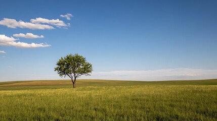 Obraz premium Solitary tree standing in a vast green field under a clear blue sky representing rural serenity : Generative AI