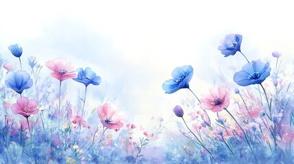 Watercolor Flowers Painting with Pink and Blue Blossoms in a Field