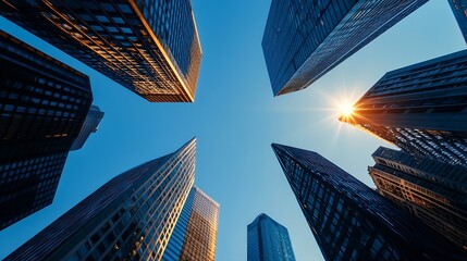 Fototapeta premium Modern city skyline with towering glass buildings reflecting sunlight against a clear blue sky : Generative AI