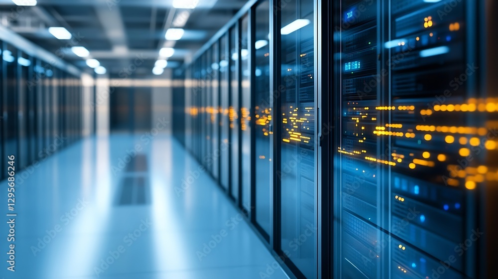 Aufkleber High Technology Server Room Showcasing Data Centers with Bright Illuminated Connections and Panels : Generative AI