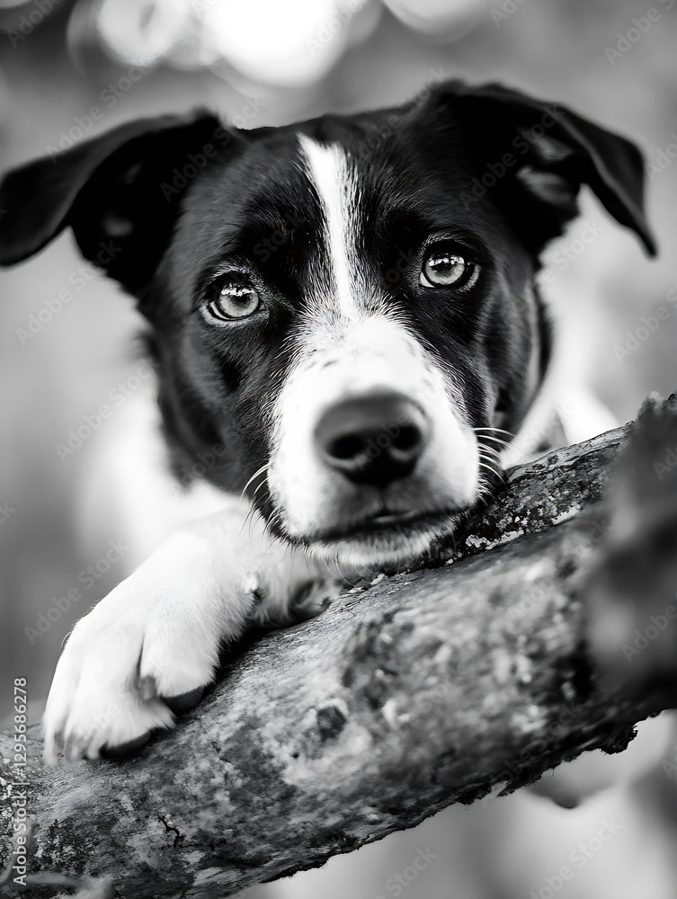 Poster adorable black and white dog resting its head on a wooden log with soulful eyes and a serene express