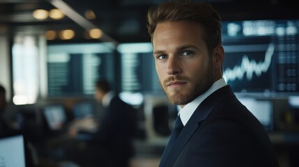 Professional male businessperson in a modern financial workspace, projecting confidence and focus with stock market data in the background