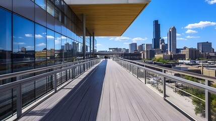 Obraz premium Architectural marvel of a modern walkway with view of city skyline under a blue sky : Generative AI