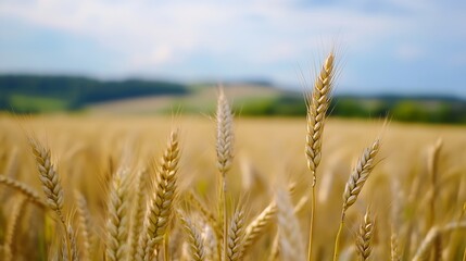 Naklejka premium Golden wheat fields waving gently in the breeze under a clear blue sky : Generative AI