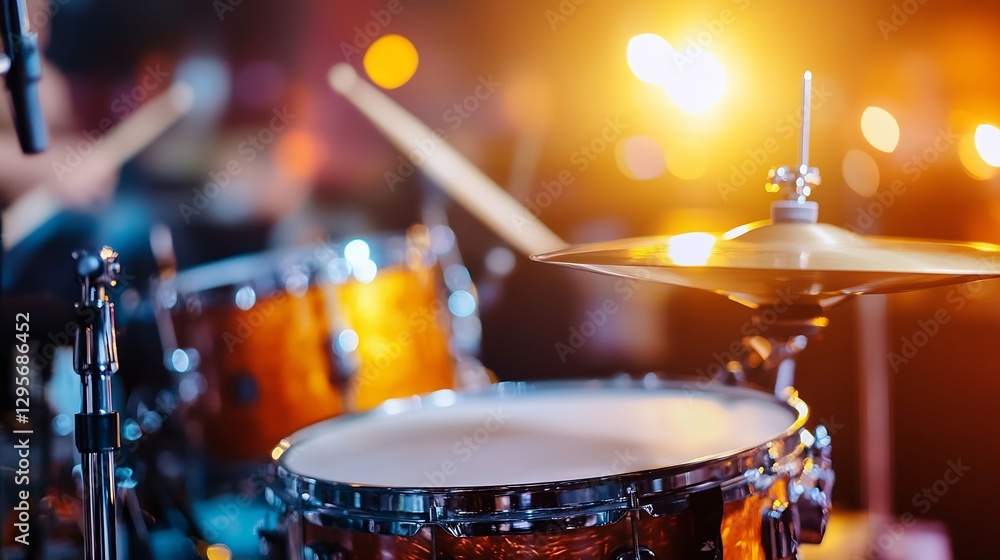 Poster Dynamic close up of a shiny drum set capturing the essence of live music performance with bright bokeh : Generative AI
