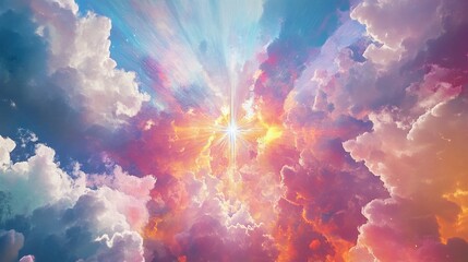cross with radiating light in colorful cloudy sky
