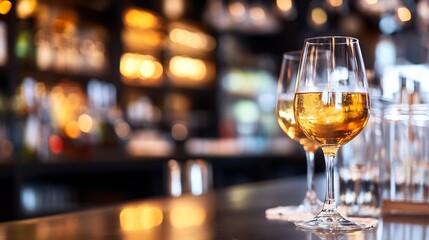 Elegant Glasses of White Wine Surrounded by a Cozy Bar Atmosphere : Generative AI