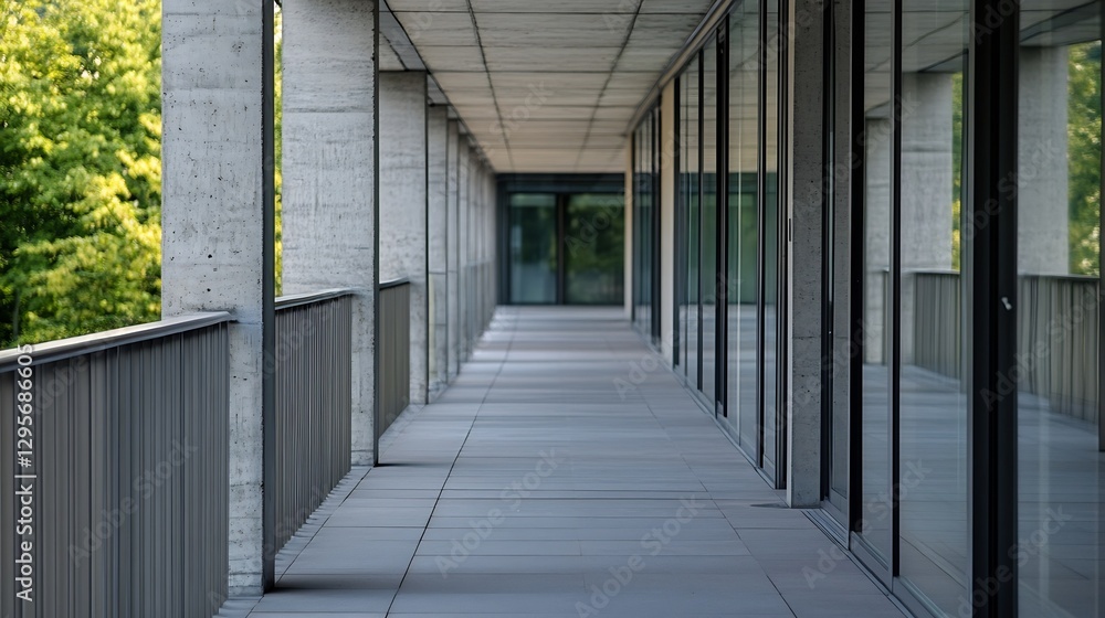 Poster modern architectural corridor with large glass windows showcasing greenery in a peaceful setting : g