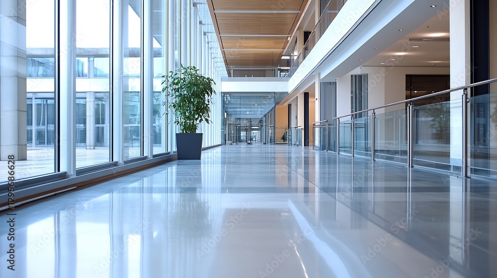 Poster contemporary office hallway with large windows and plants creating a bright atmosphere : generative 
