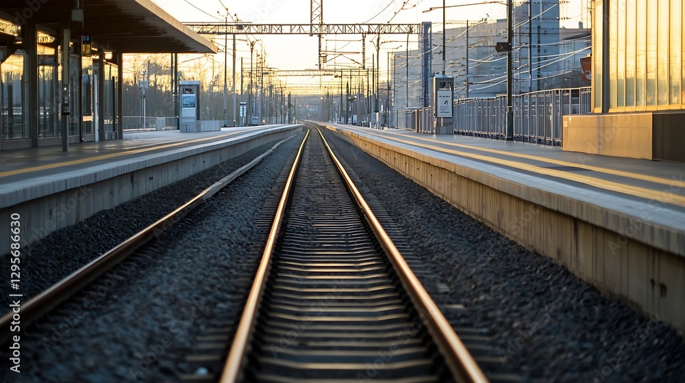 Aufkleber view of train tracks leading to a station at sunset with warm golden colors and serene atmosphere : 