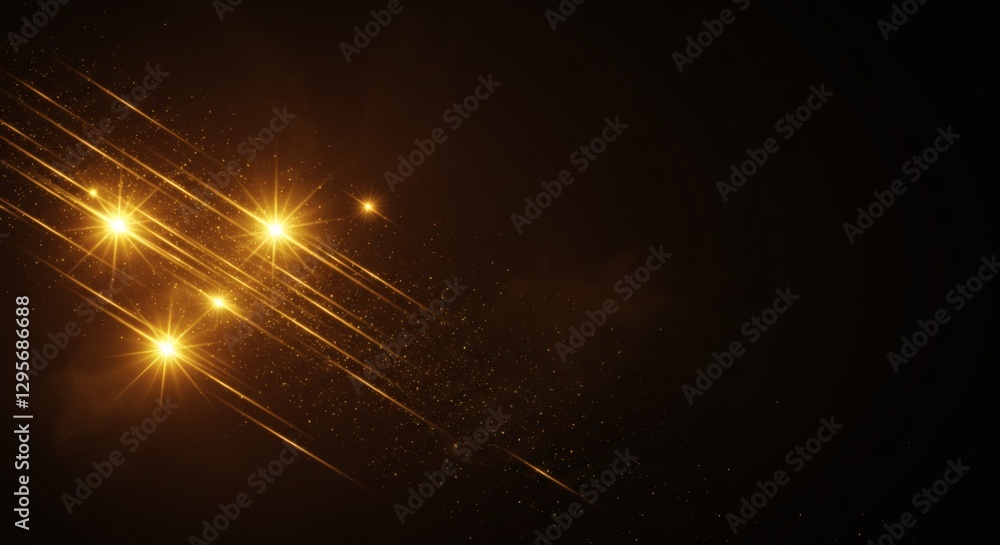 Poster sparkling golden lights and dust particles on a dark background, creating a magical and luxurious ef