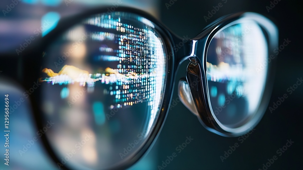Poster close up of modern eyeglasses with digital screen reflections indicating vision technology advanceme