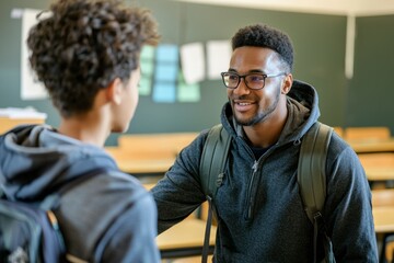 A teacher talking to a student in an empty classroom, placing a gentle hand on their shoulder. The student nods, feeling understood and supported, Generative AI 