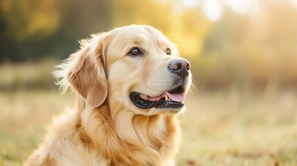 Golden Retriever Dog Sitting in Sunlit Field with Soft Background and Happy Expression : Generative AI