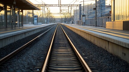 View of train tracks leading to a station at sunset with warm golden colors and serene atmosphere : Generative AI
