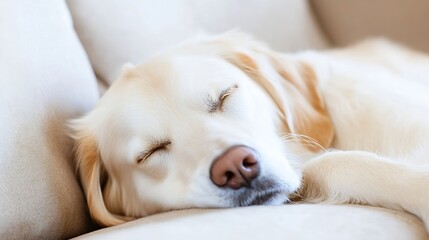 Obraz premium Cute and Relaxed Golden Retriever Dog Sleeping on a Couch in a Cozy Space : Generative AI