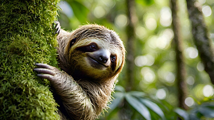 Fototapeta premium A relaxed clinging to a moss-covered tree, slowly reaching for a nearby leaf, with soft jungle sunlight filtering through the canopy