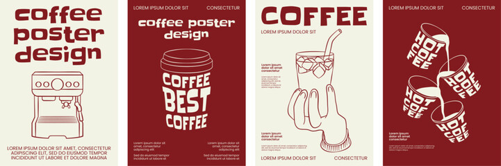 Coffee poster design with minimal line art, bold typography, and stylized beverage cups.