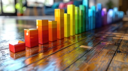 Colorful, 3D bar graph blocks on a wooden table, illustrating growth and progress..