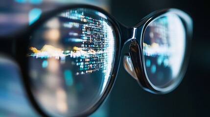 Close up of modern eyeglasses with digital screen reflections indicating vision technology advancements : Generative AI