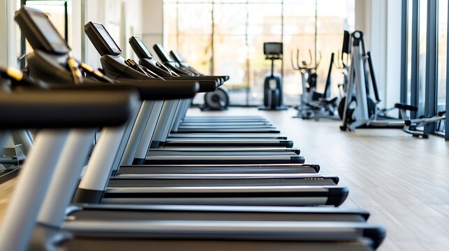 Row of advanced gym treadmills and exercise machines in a modern fitness studio interior : Generative AI