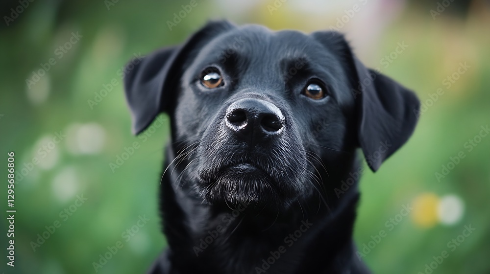 Poster closeup portrait of a black dog gazing intently with expressive eyes and a softfocus background of n