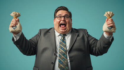 An avid fat businessman with money bags with dollar signs in each hand. 