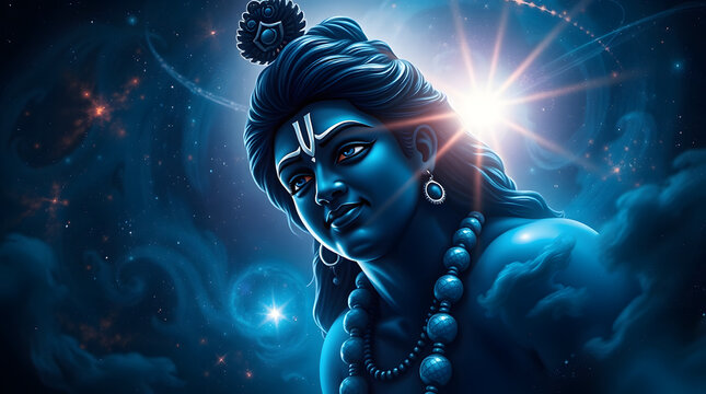 A futuristic sci-fi style digital painting with an extreme macro close-up of Lord Krishna playing his flute. Advanced technology and space elements surround him