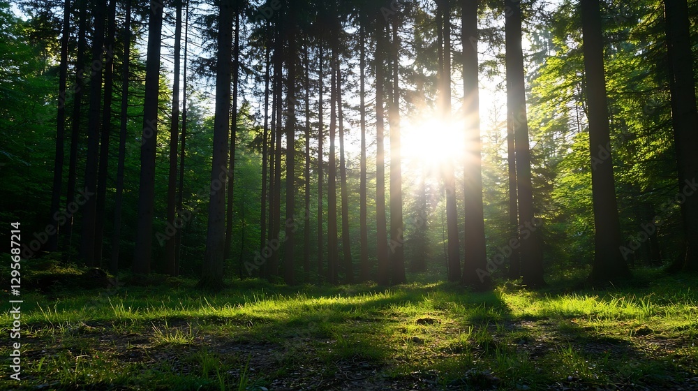 Aufkleber Sunlight Streaming Through Tall Pine Trees Creating a Serene Forest Scene : Generative AI