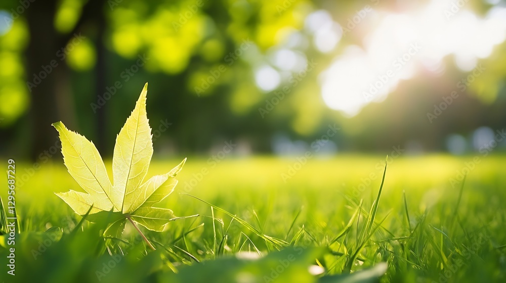 Poster vibrant close up of a fresh green maple leaf resting on lush grass with sunlight glowing in the back