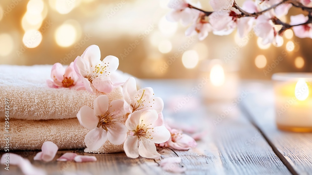 Poster beautiful spa setup with cherry blossom flowers and relaxation elements : generative ai