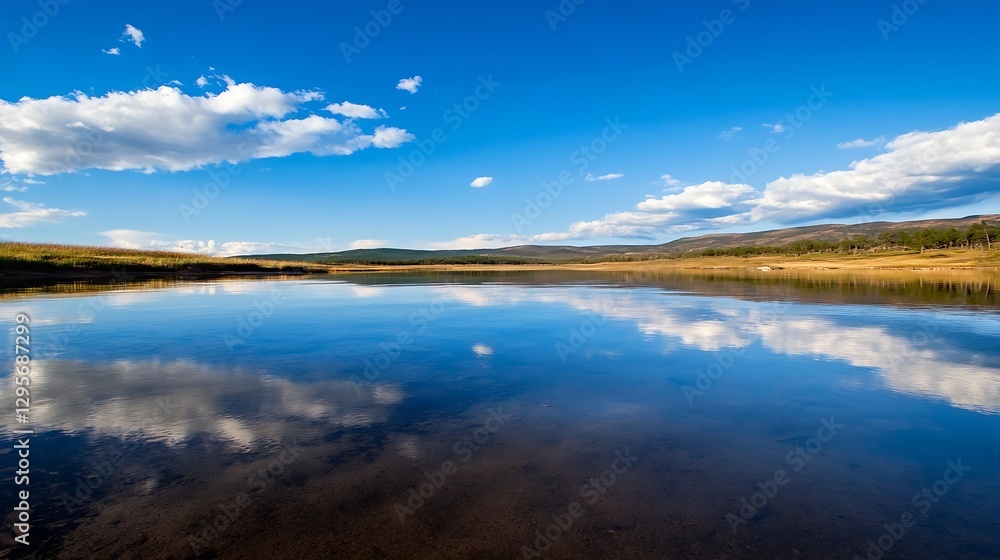 Aufkleber crystal clear lake reflecting the blue sky and fluffy clouds surrounded by nature in a serene enviro