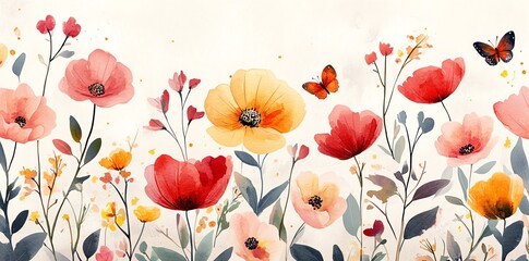Watercolor Poppies and Butterflies Art Print for Spring Decor