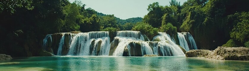 Waterfall cascading into turquoise pool, lush greenery. Stock photo