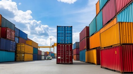 Vibrant Shipping Container Yard with Colorful Containers Stacked Together Under a Bright Sky : Generative AI