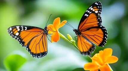 Fototapeta premium Two Beautiful Monarch Butterflies Resting on Bright Yellow Flower : Generative AI