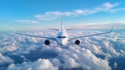 Fototapeta premium Passenger airplane flying above fluffy clouds in a bright sky : Generative AI